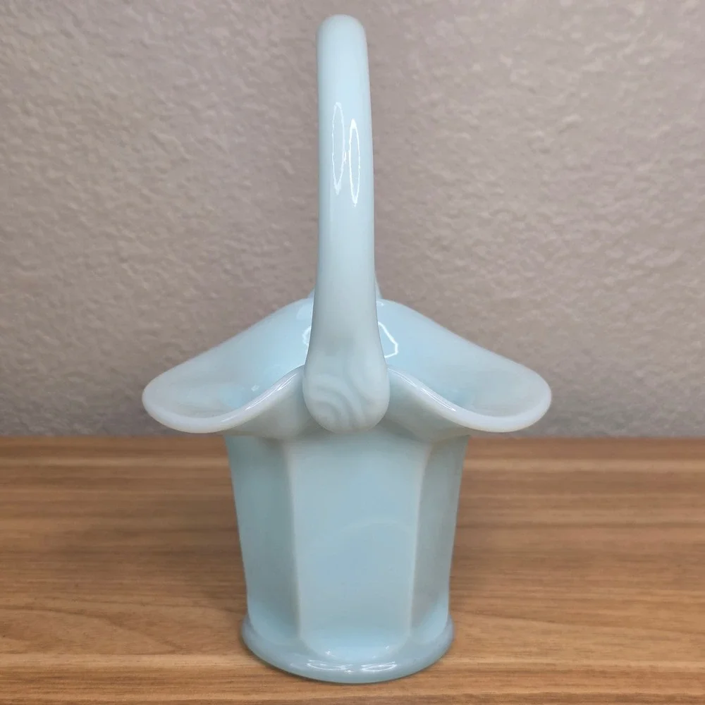 Vintage Fenton Pastel Blue Opaque Milk Glass Paneled Art Glass Basket 7